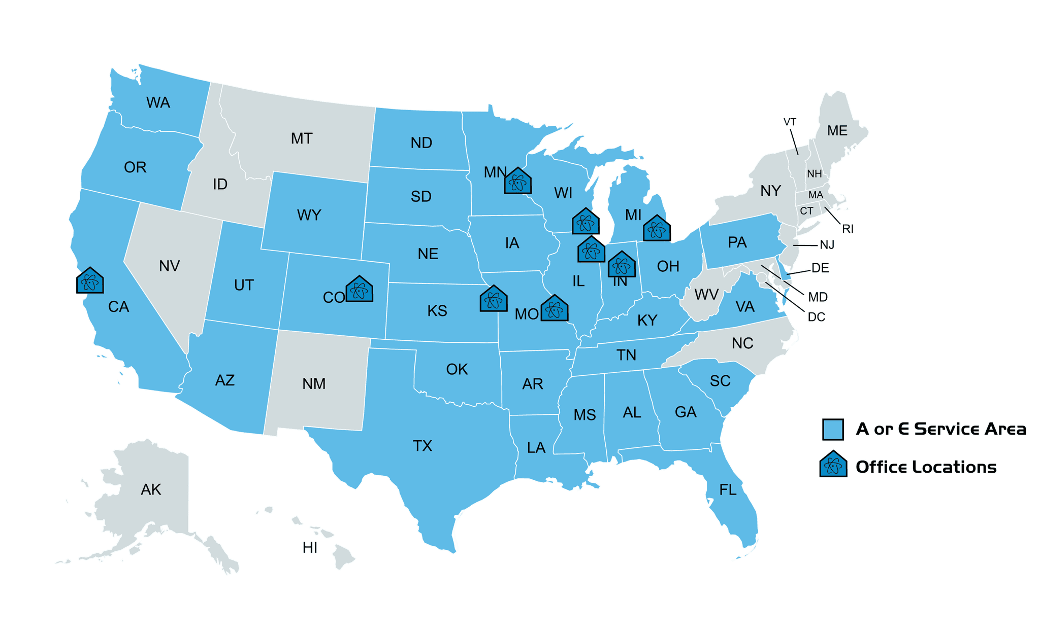 BEC Office Locations and Service Area Map